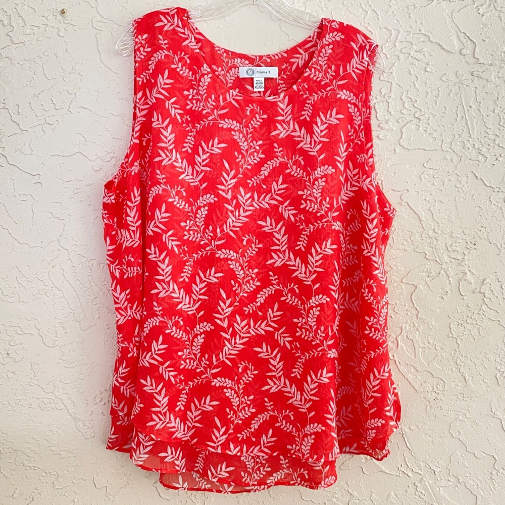 Cristina B Flowy Tank Top Women XL Red Floral Leaf Print Sleeveless Layered Hem